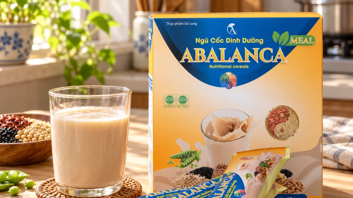 Hộp ngũ cốc dinh dưỡng của Abalanca, các gói 25 g và một ly sữa hạt đã pha