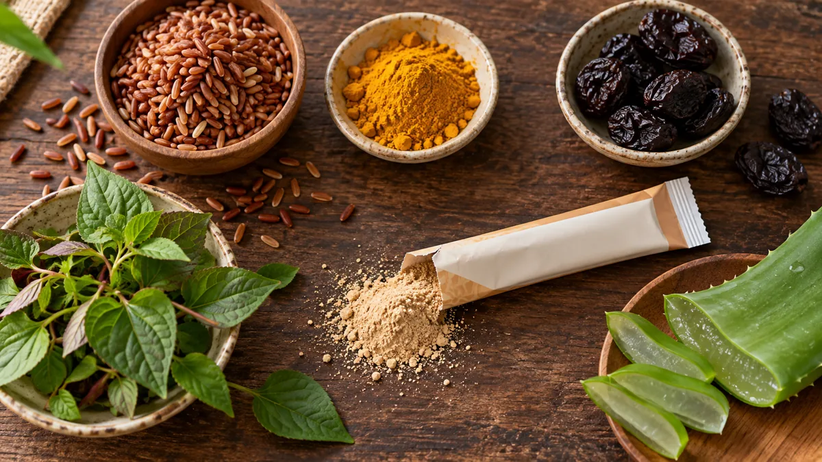 Gạo lứt, bột nghệ, mận khô, lá diếp cá, lô hội quanh một gói enzyme đã xé