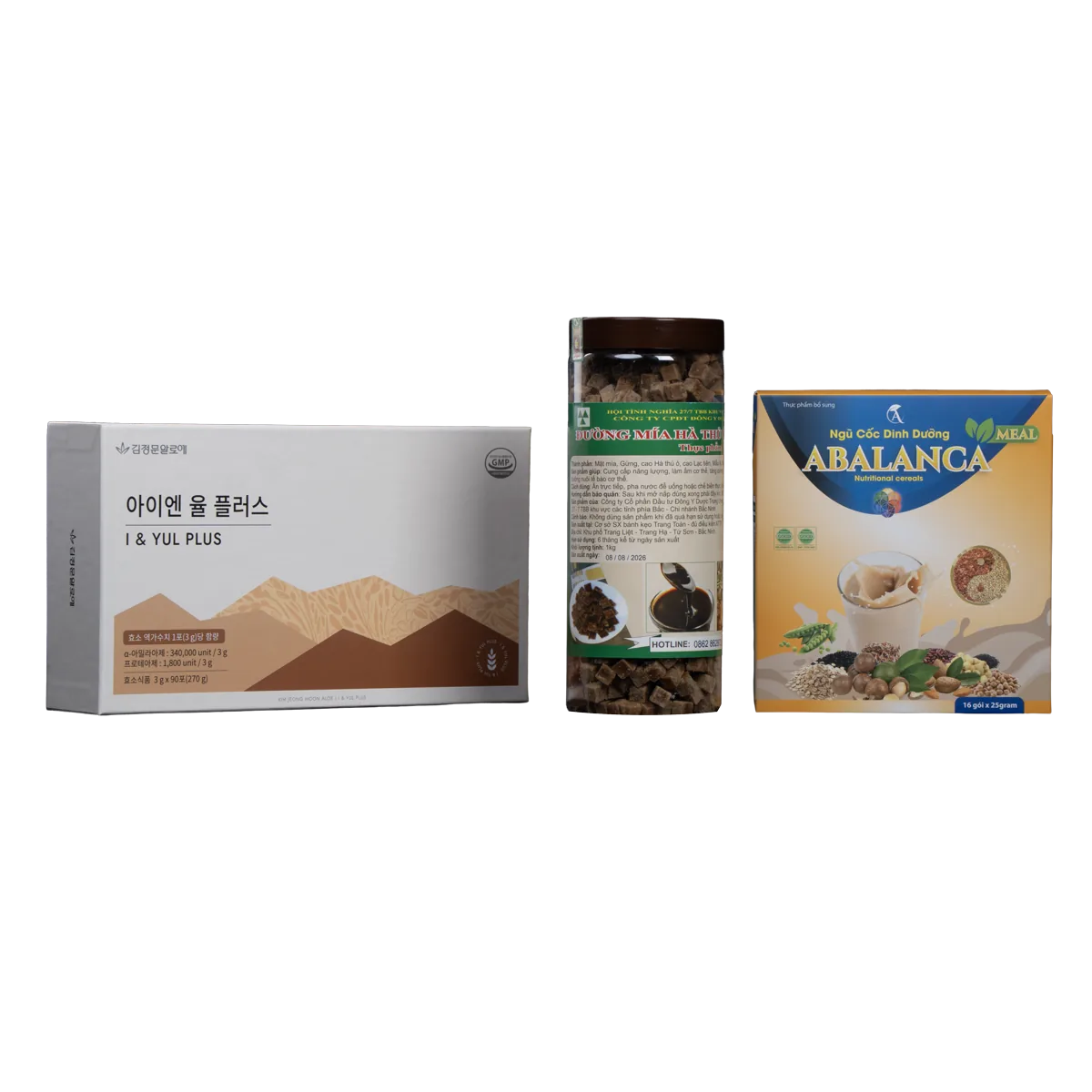 Hộp Enzyme I & Yul Plus, hũ đường mía Hà Thủ Ô và hộp Abalanca Meal