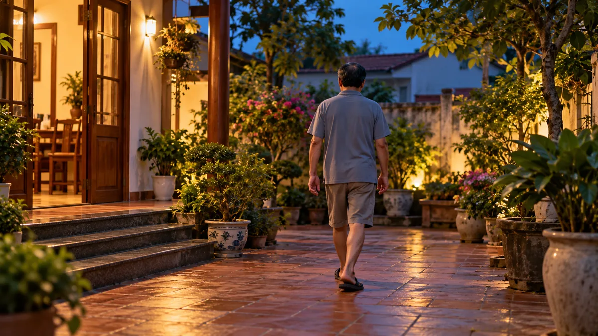 Người đàn ông đi bộ chậm quanh sân nhà sau bữa tối, nhìn từ phía sau