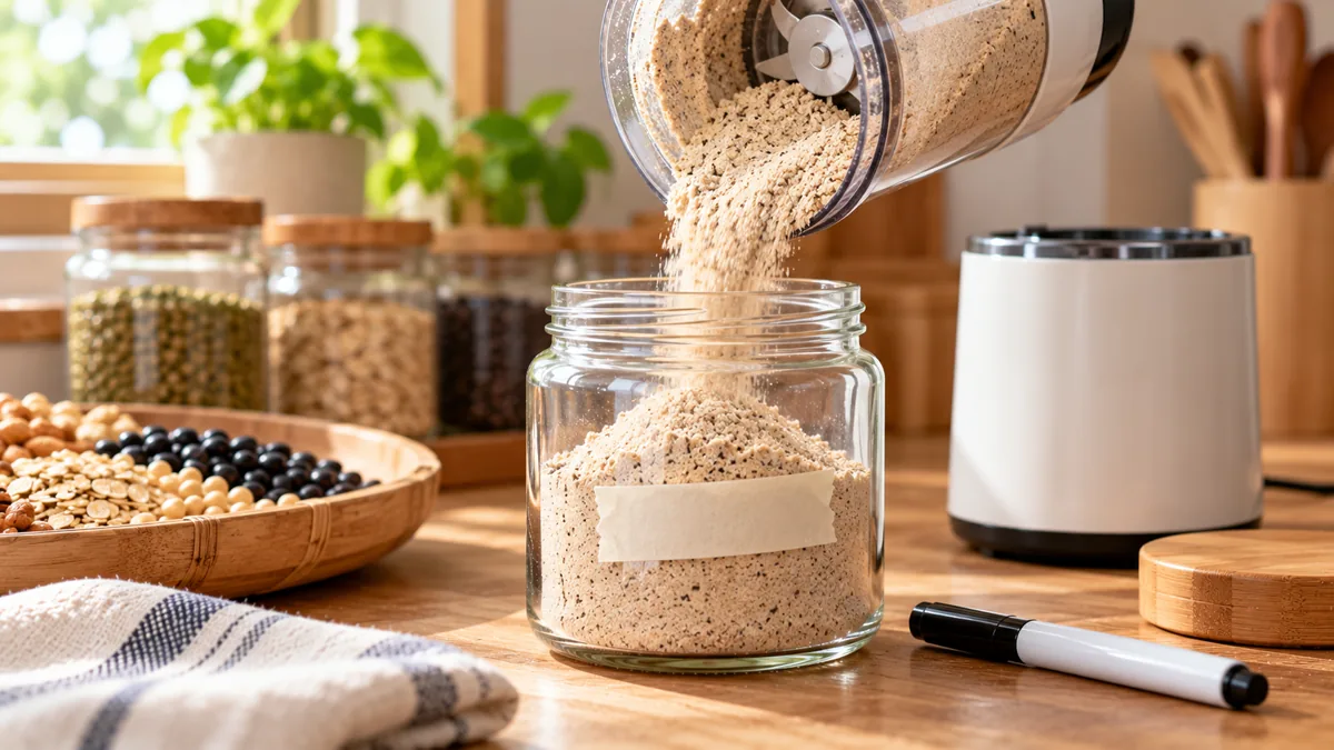 Bột ngũ cốc để được bao lâu: bột vừa xay đổ vào hũ có nhãn ghi ngày