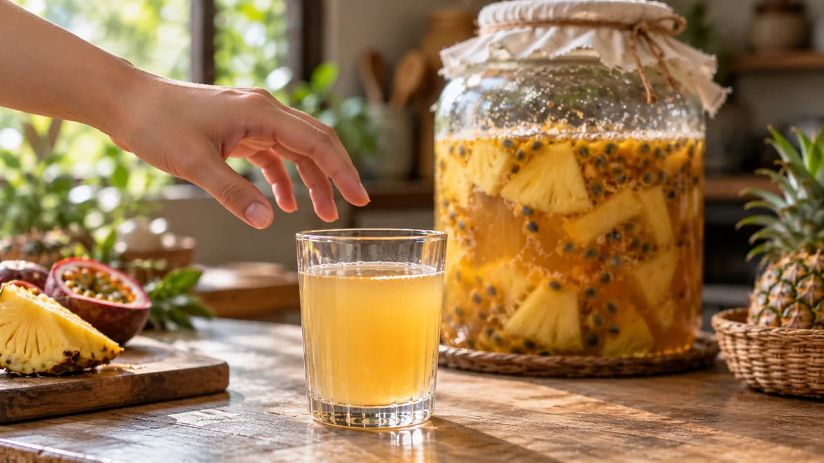 Bàn tay dừng trên ly nước lên men, câu hỏi có nên uống nước enzyme hoa quả không