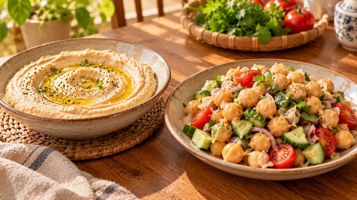 Đậu gà có phải bóc vỏ không: bát hummus mịn cạnh đĩa salad đậu gà nguyên vỏ