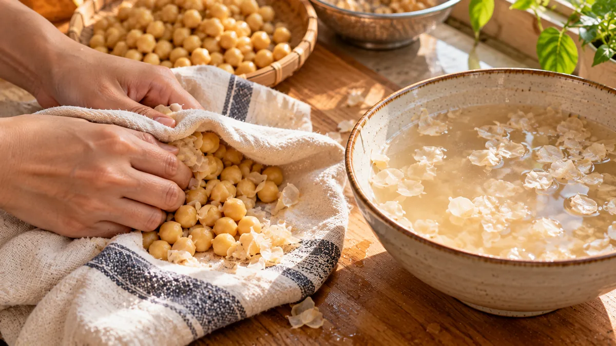 Hai bàn tay xoa đậu gà chín trong khăn, bên cạnh bát nước có vỏ nổi