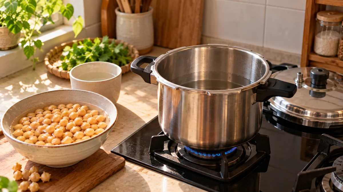 Nồi áp suất trên bếp ga cạnh bát đậu gà đã ngâm nở