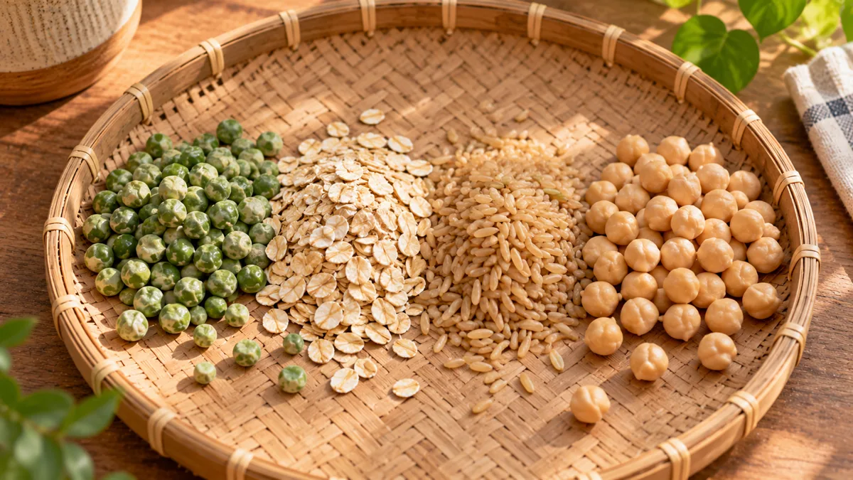 Bốn nhúm đậu Hà Lan, yến mạch, gạo lứt và đậu gà trên nia tre