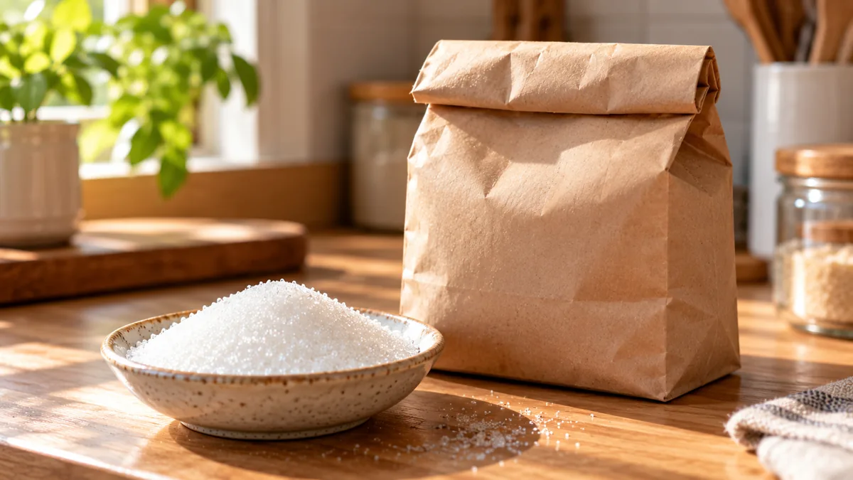 Đường có hạn sử dụng không: túi đường trắng và đĩa đường trên bàn bếp