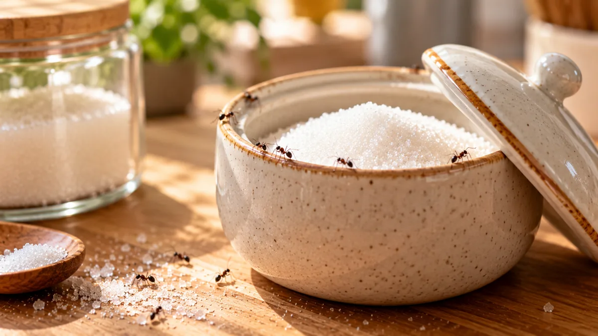 Vài con kiến bò quanh bát đường trên mặt bàn bếp