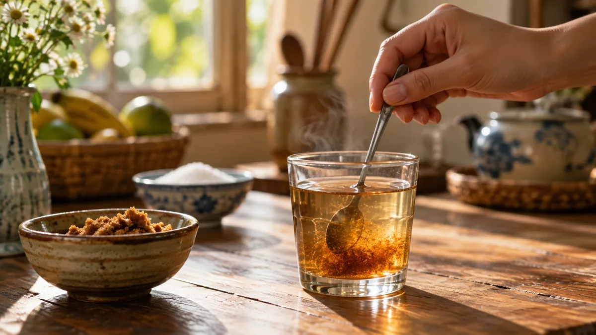 Đường mía hà thủ ô có tác dụng gì: bàn tay khuấy đường mía vào ly nước ấm