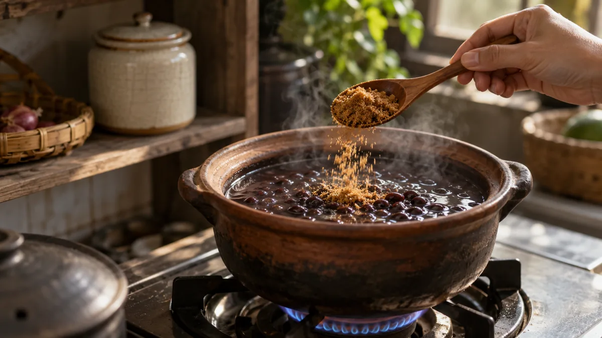 Bàn tay cho một thìa đường mía vào nồi chè đỗ đen đang sôi liu riu