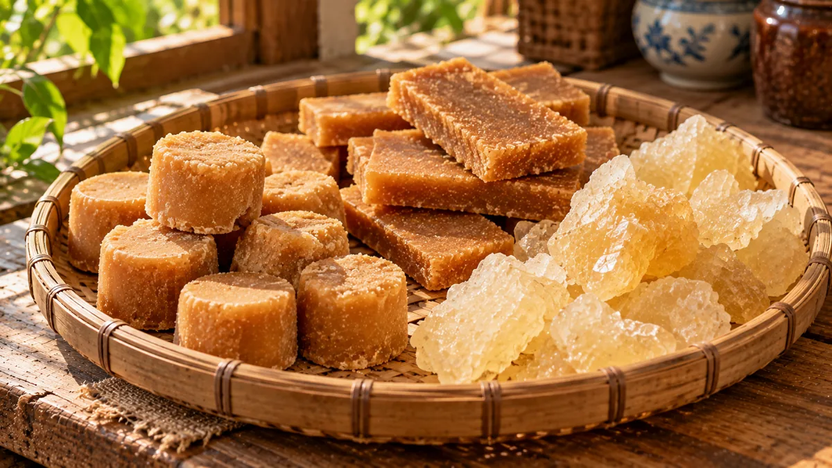 Tán đường thốt nốt hình trụ, tấm đường phên vàng nâu và cục đường phèn trên nia tre
