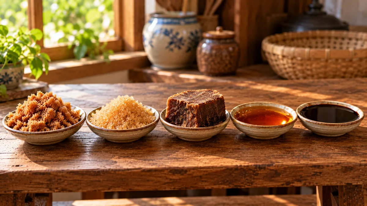Các đĩa nhỏ đựng đường nâu ẩm, đường thô khô, khối đường sẫm, mật mía và mật đường