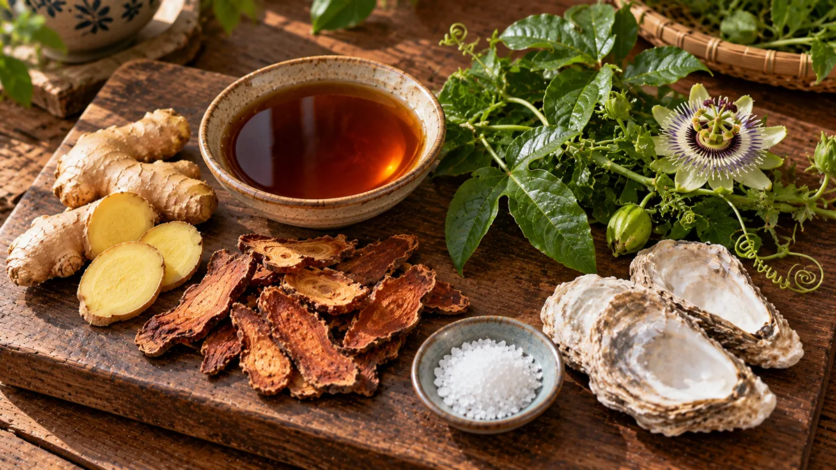 Mật mía, gừng tươi, hà thủ ô, lạc tiên, mẫu lệ và muối trên tấm gỗ sẫm