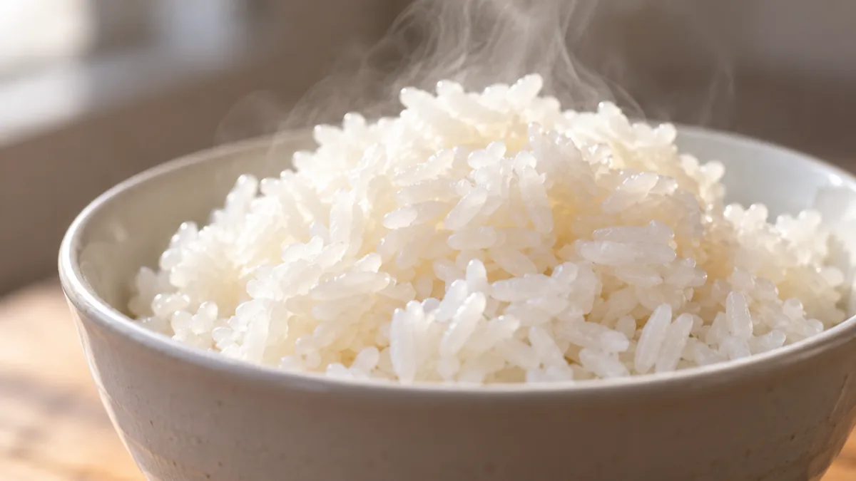 Cận cảnh hạt cơm trắng trong bát sứ, minh hoạ quá trình amylase cắt tinh bột