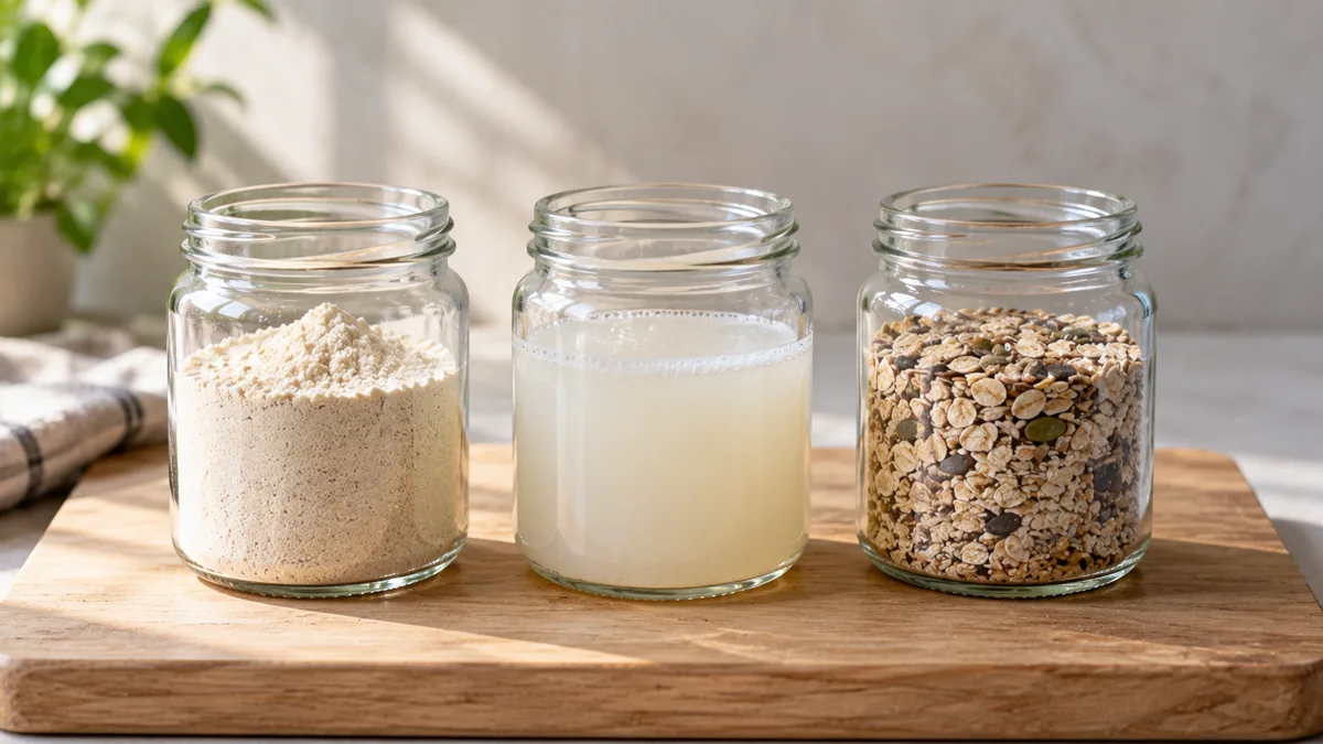 Enzyme tiêu hoá là gì: ba hũ thuỷ tinh đựng bột, dịch lỏng và hạt ngũ cốc đặt cạnh nhau