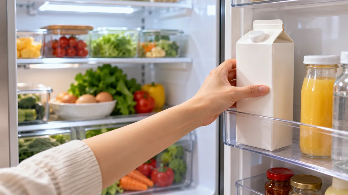 Tay đặt hộp sữa tiệt trùng đã mở vào cánh cửa tủ lạnh