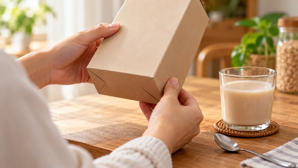 Tay lật đáy một hộp giấy trơn để tìm dòng ngày in, cạnh ly ngũ cốc đã pha