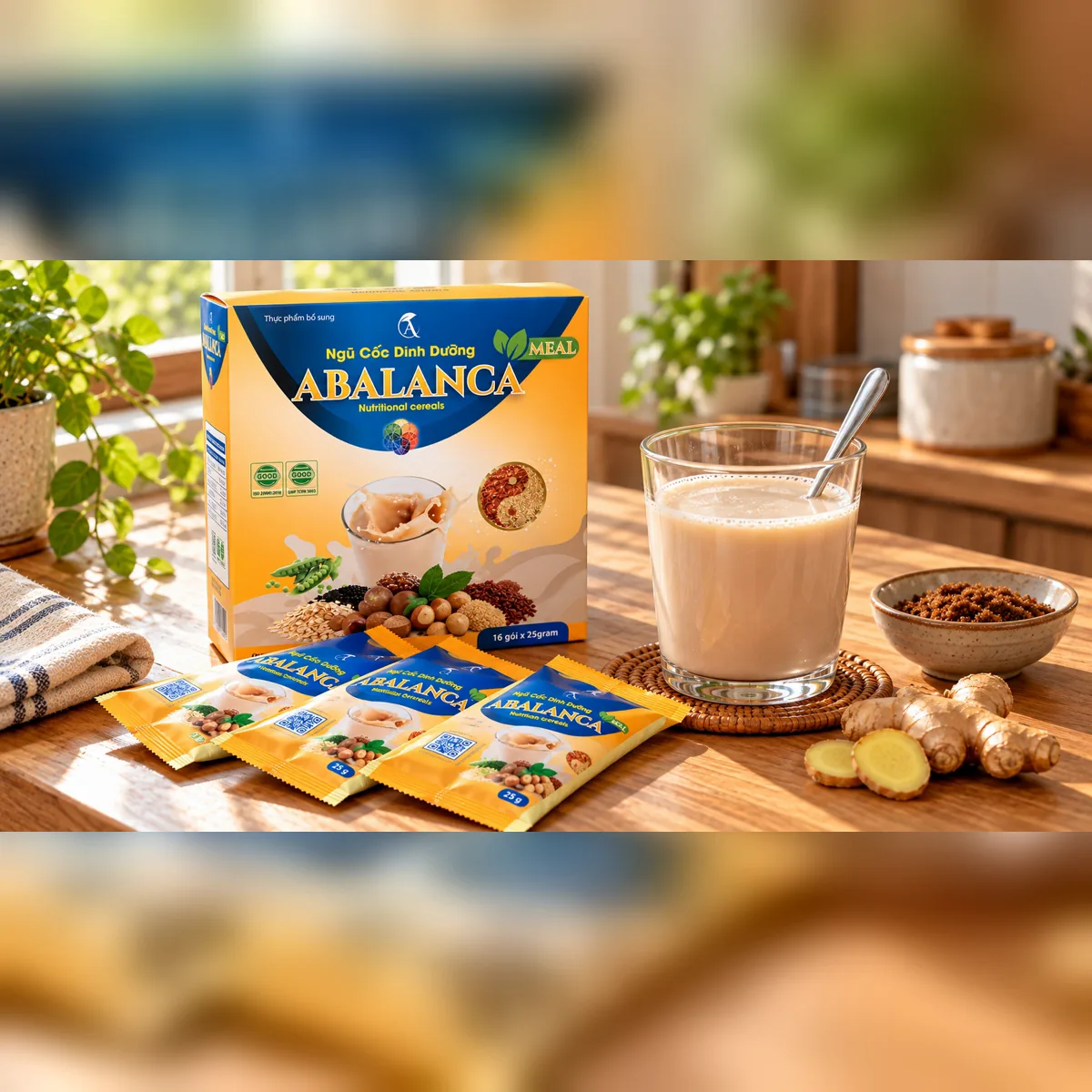 Hộp Thực phẩm bổ sung Ngũ cốc dinh dưỡng Abalanca Meal, gói bột và ly đã pha