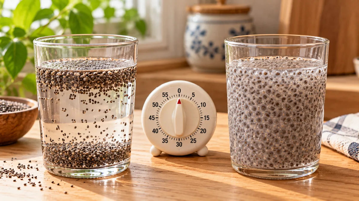 Hạt chia ngâm bao lâu: hai cốc thuỷ tinh, hạt mới khuấy và hạt đã nở thành gel