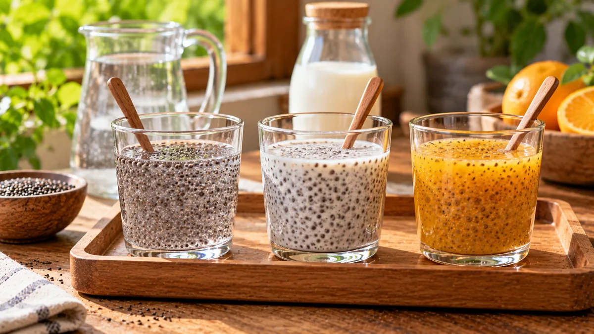 Ba ly hạt chia ngâm trong nước lọc, sữa tươi và nước cam ép