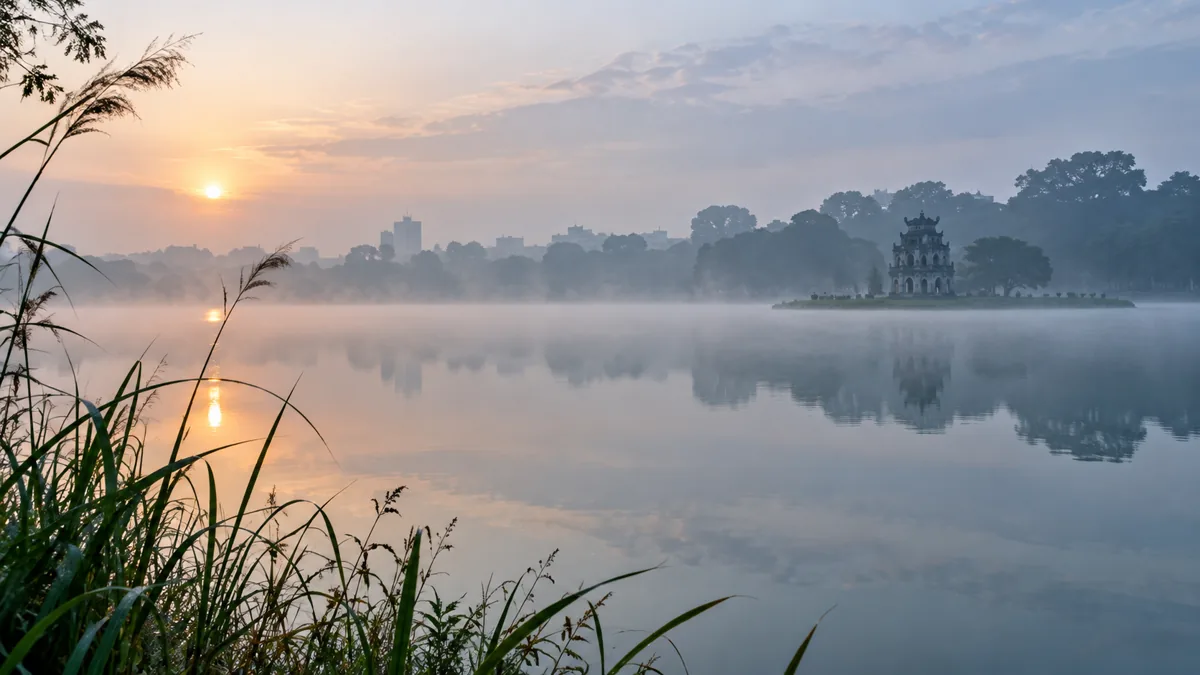 Mặt hồ phẳng lặng lúc bình minh, sương mỏng trên mặt nước