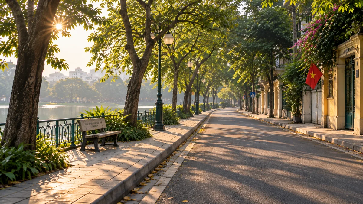 Đường đi bộ ven hồ ở Hà Nội lúc sáng sớm, ghế đá dưới hàng cây