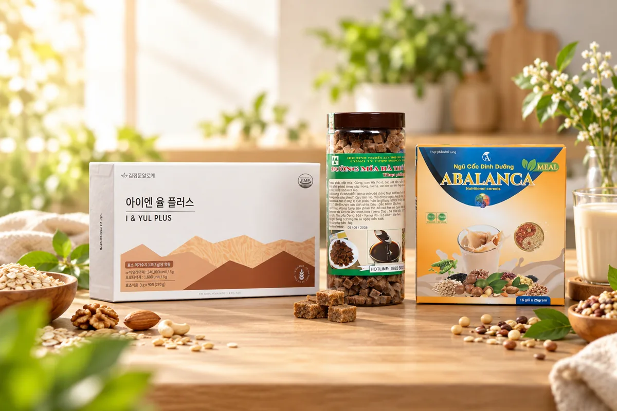 Ba sản phẩm Abalanca gồm ngũ cốc dinh dưỡng, đường mía Hà Thủ Ô và enzyme