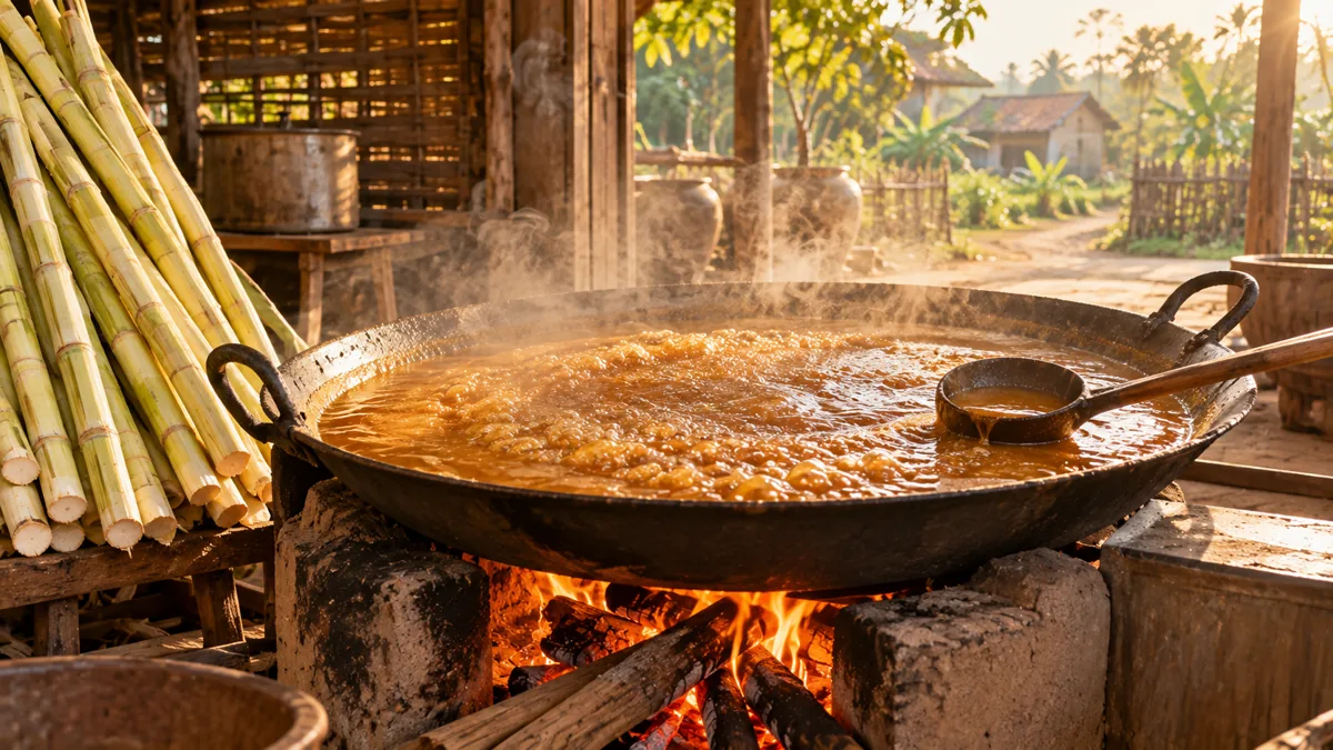 Chảo nước mía ép đang nấu sền sệt bên bó mía tươi ở làng nghề