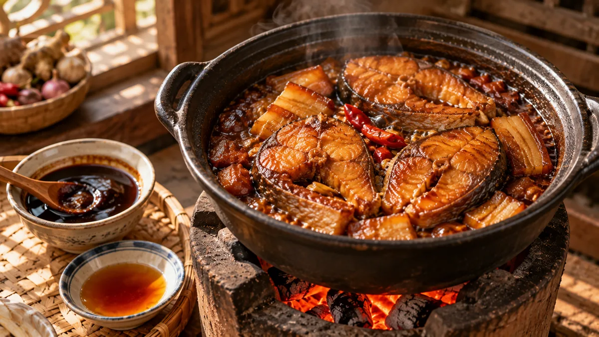 Nồi đất cá trắm kho cùng thịt ba chỉ, nước kho nâu đỏ sánh lại