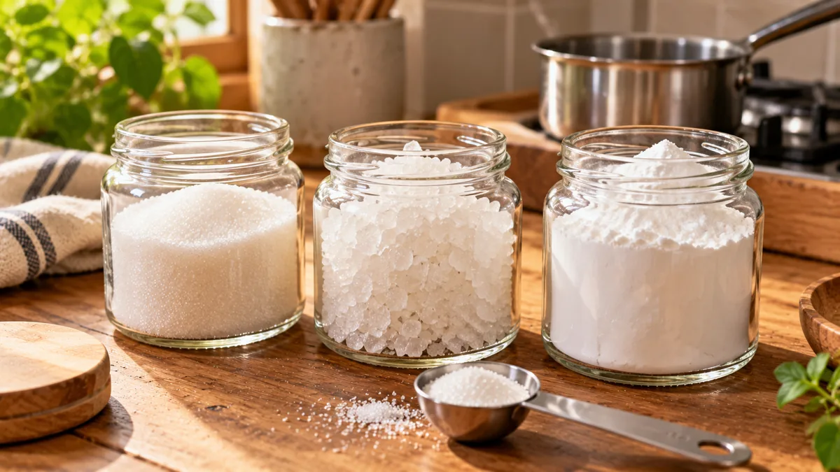 Ba lọ thuỷ tinh đựng chất tạo ngọt dạng hạt và dạng bột cạnh nồi nhỏ