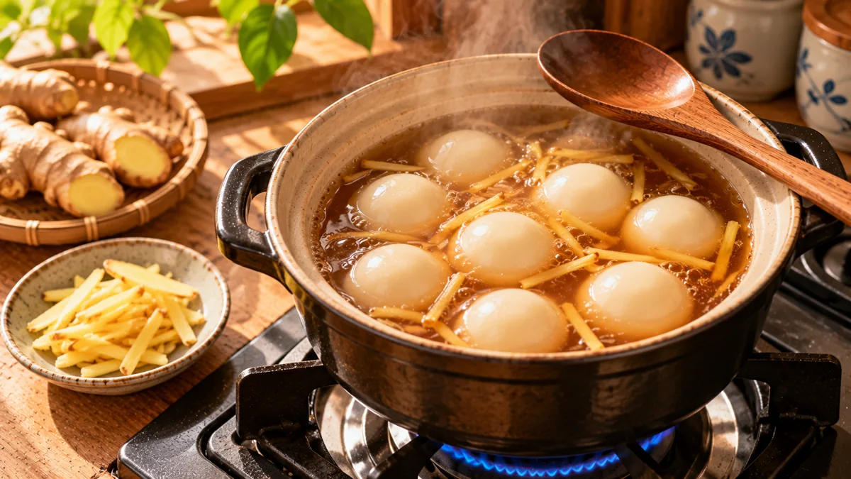 Nồi chè trôi nước đang đun trong nước đường gừng, bên cạnh đĩa gừng tươi thái lát
