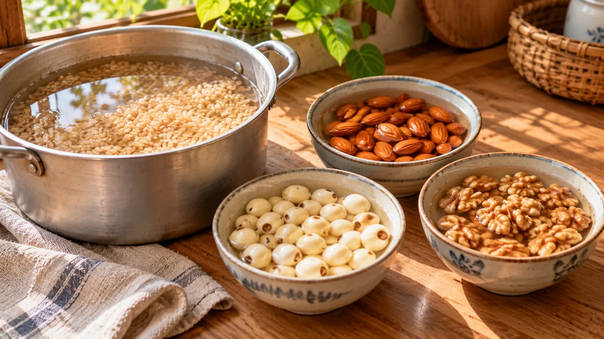 Nồi gạo lứt ngâm trong nước định nấu cạnh bát hạt sen, hạnh nhân, óc chó ngâm nước