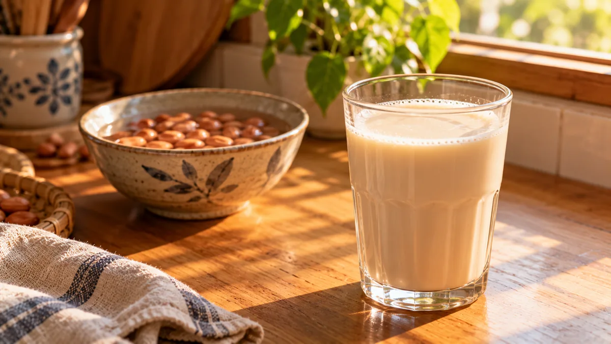 Ly sữa hạt để trên bàn bếp, minh hoạ sữa hạt để được bao lâu ở nhiệt độ phòng