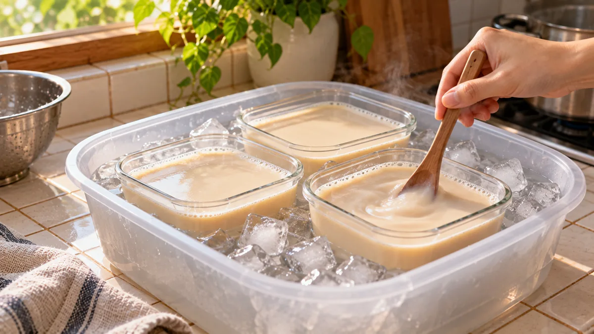 Sữa hạt mới nấu chia ra vài hộp nông, ngâm trong chậu nước đá cho nguội