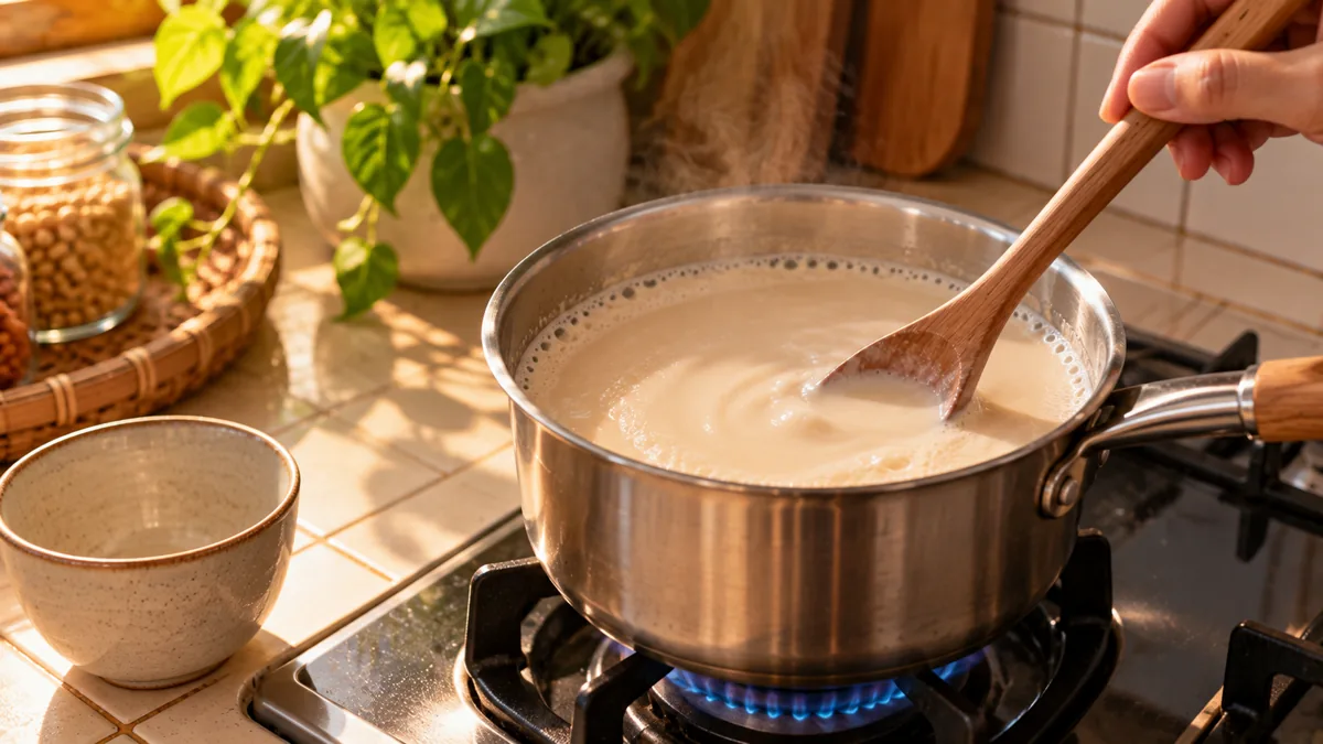 Nồi nhỏ sữa hạt đun sôi lăn tăn trên bếp gas, một bàn tay khuấy bằng muỗng gỗ