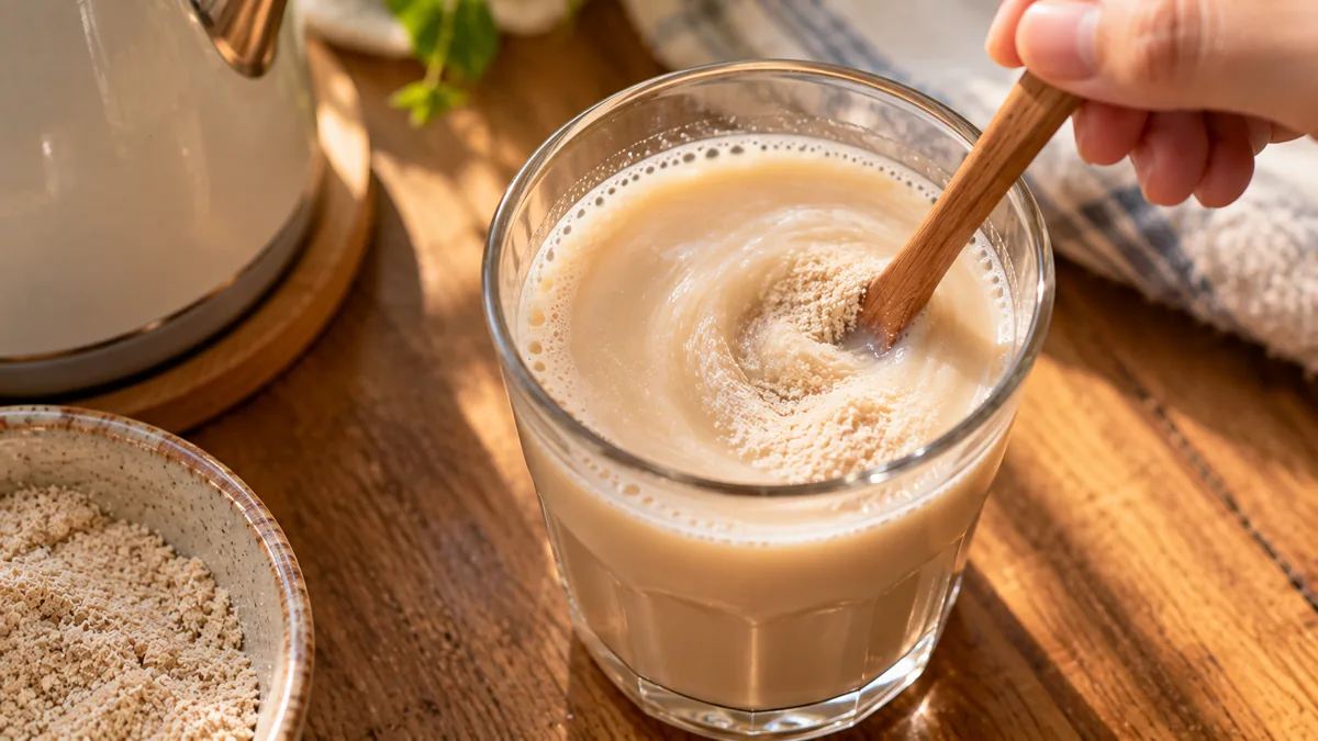 Pha một gói bột ngũ cốc với nước ấm, khuấy đều thành một ly