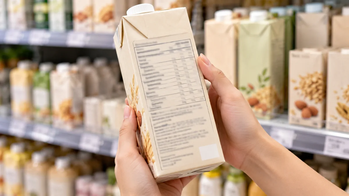 Hai bàn tay cầm hộp sữa hạt, lật mặt sau để đọc bảng dinh dưỡng