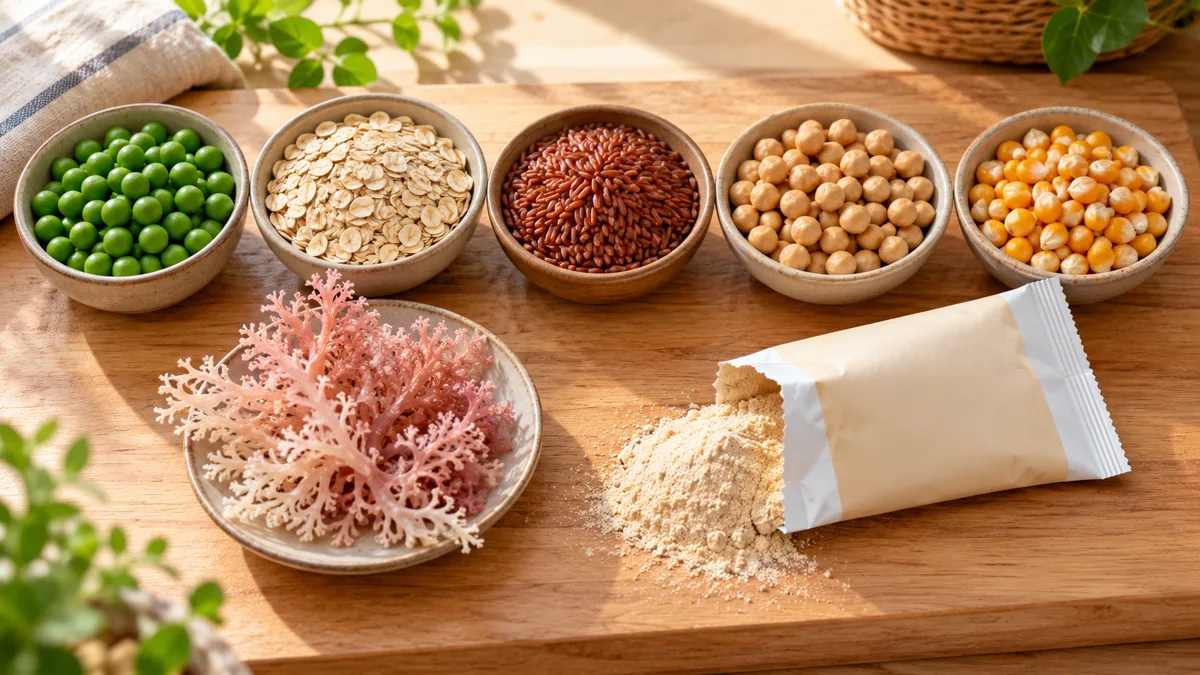 Đậu Hà Lan, yến mạch, gạo lứt, đậu gà, hạt ngô, tảo đỏ khô và gói bột đã xé