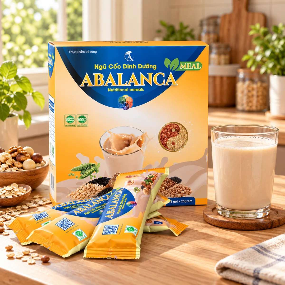 Hộp Ngũ cốc dinh dưỡng Abalanca Meal, các gói 25 g và một ly đã pha