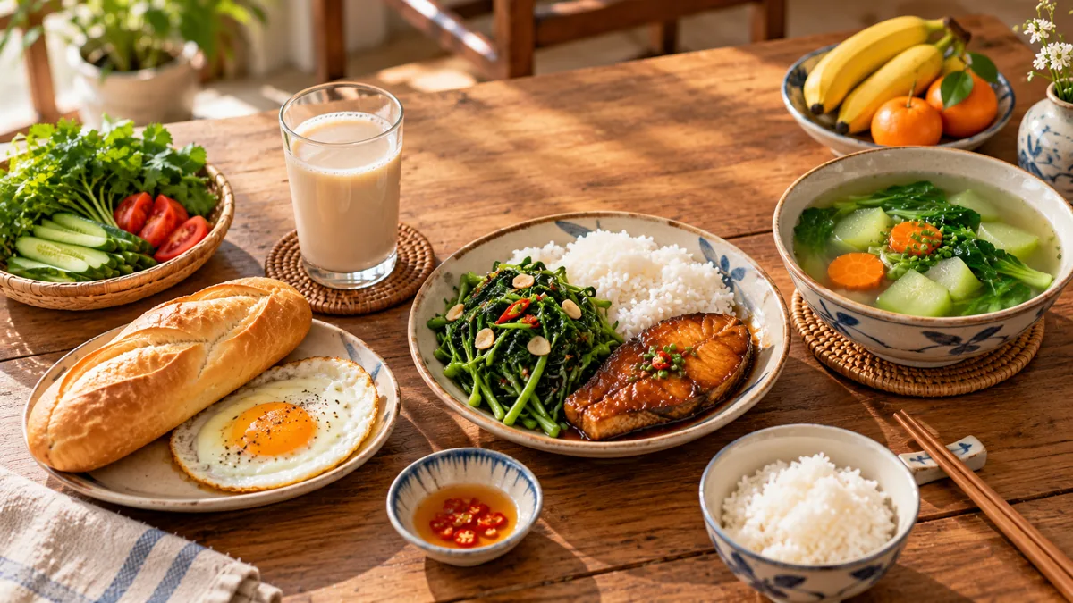 Uống sữa hạt có béo không: ly sữa hạt đặt cạnh bữa sáng, bữa trưa và bữa tối