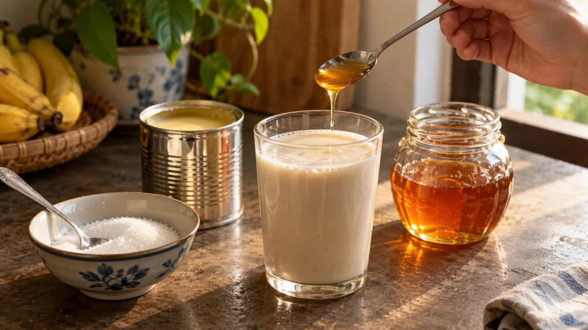 Bàn tay rót mật ong vào ly sữa hạt, bên cạnh bát đường và hộp sữa đặc