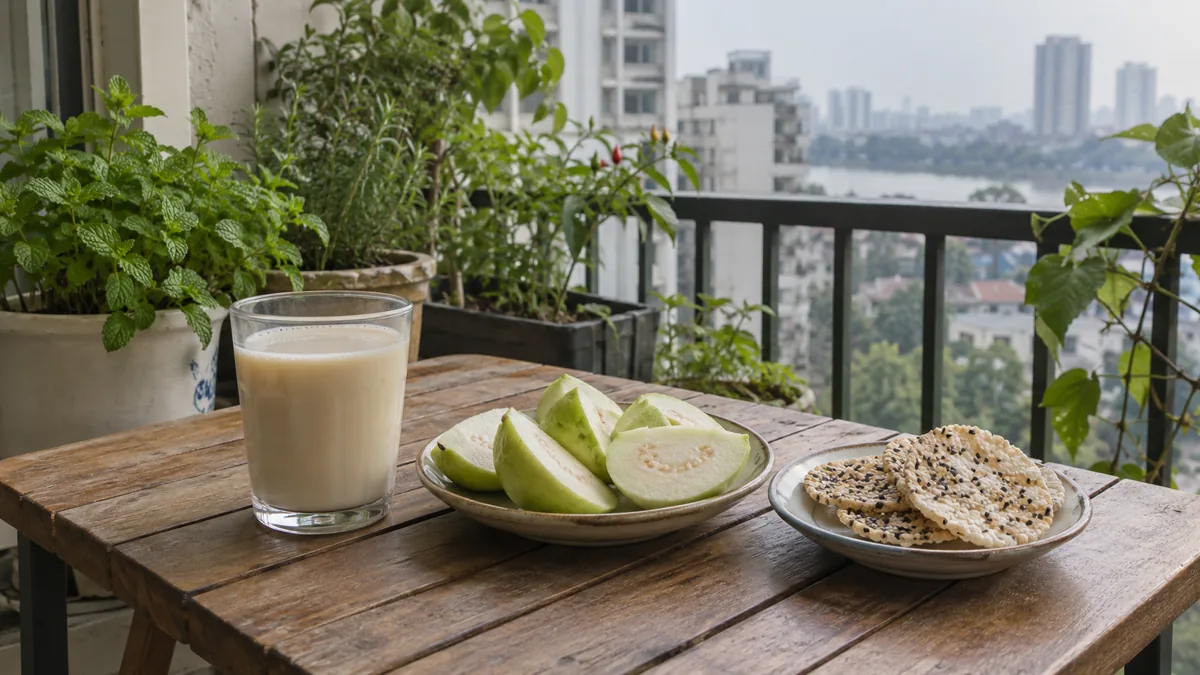 Ly sữa hạt đặt ngang hàng với đĩa ổi cắt lát và bánh đa vừng trên bàn gỗ