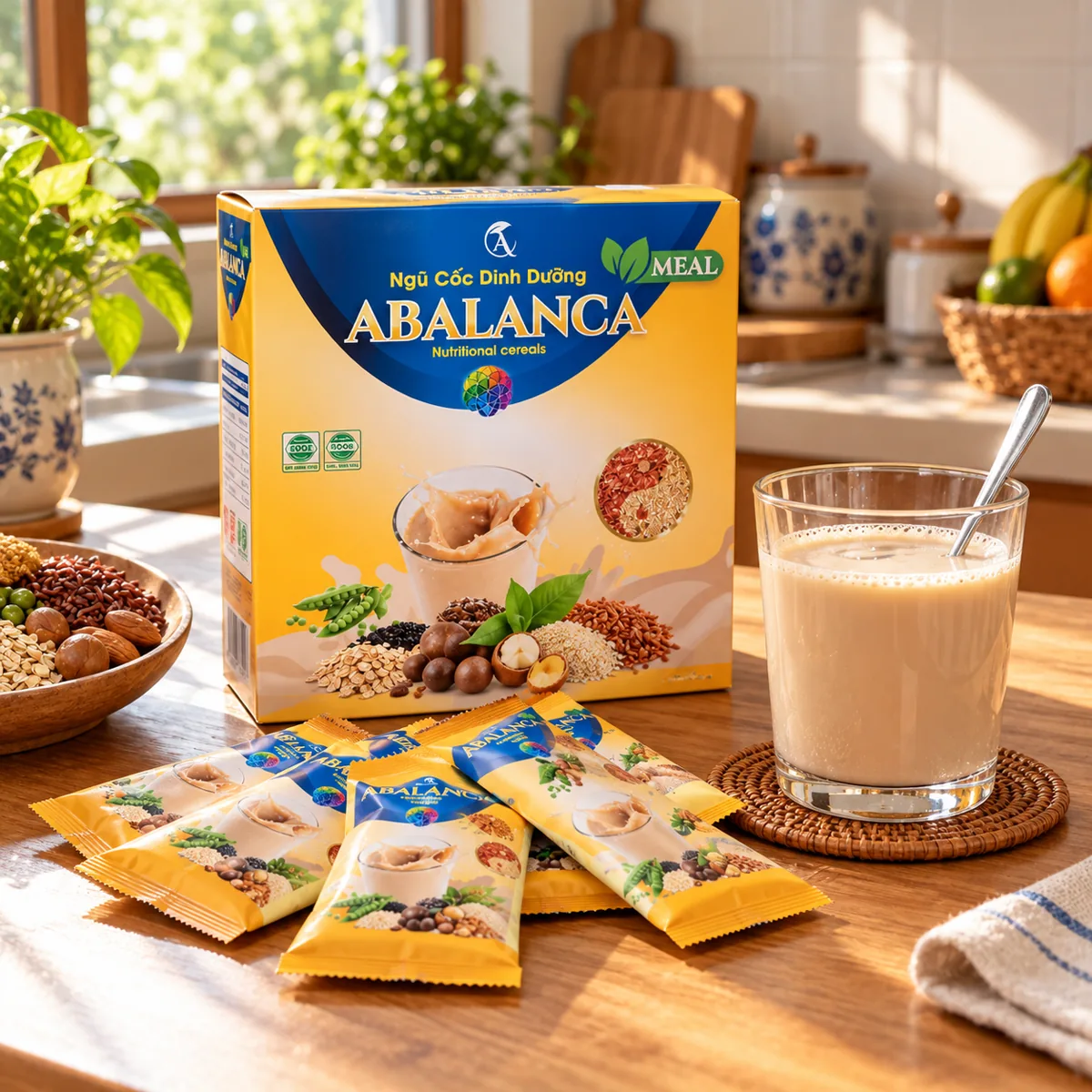 Hộp Ngũ cốc dinh dưỡng Abalanca Meal 400 g, các gói 25 g và một ly đã pha